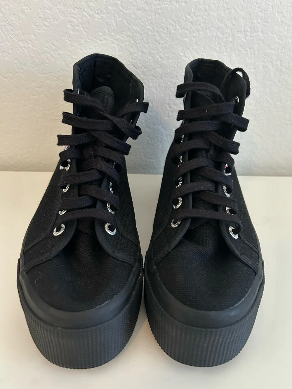 Superga High-Top Black Canvas Platform Sneakers with Black Soles, Women Size 7.5